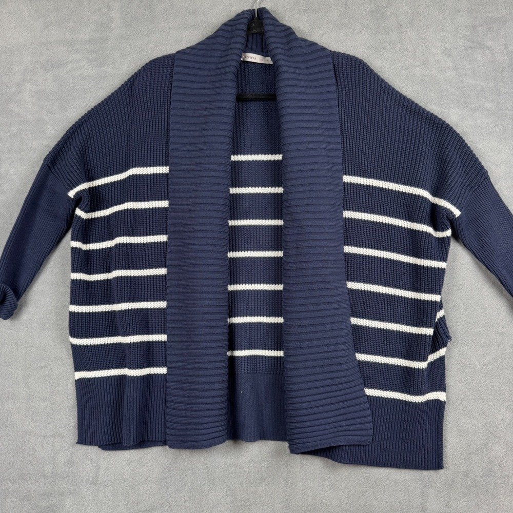 Athleta Navy Blue White Striped Shawl Collar Open Front Cardigan Sweater XS